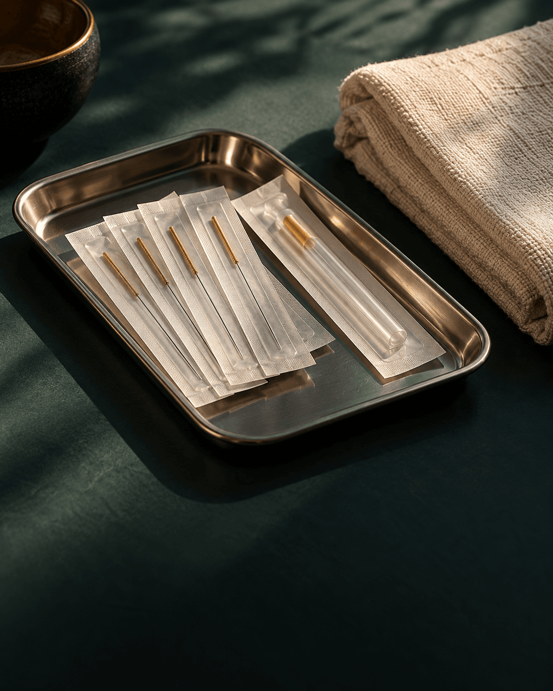Illustrative still life of packaged acupuncture needles on a treatment tray